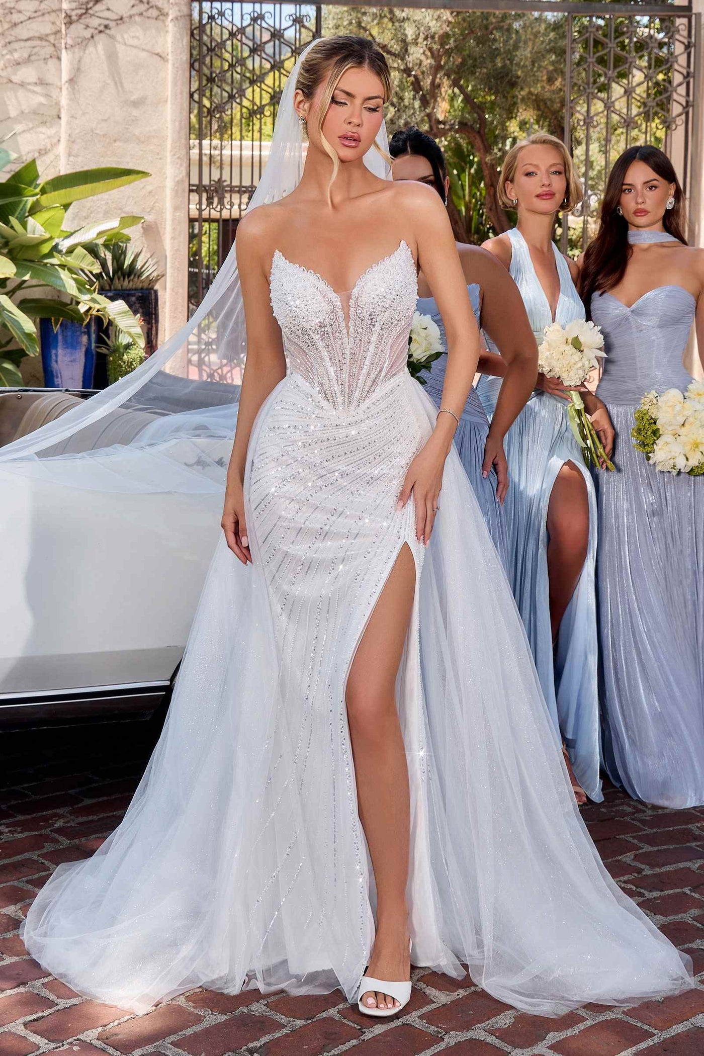Ladivine CC492W Beaded Detachable Tulle Overskirt Fitted Off White Gown - Glamourous Grace