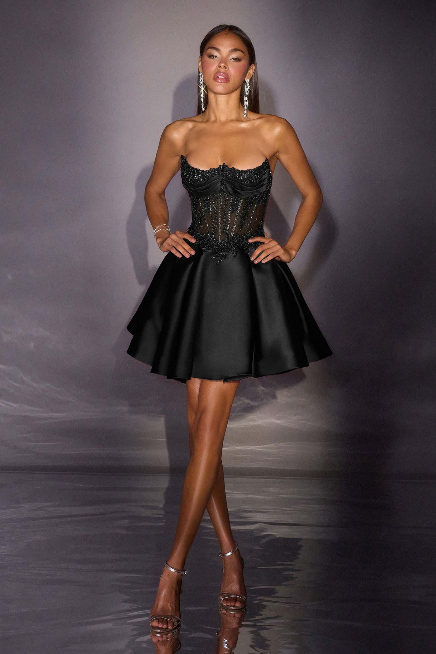 Ladivine CC502 Fit and Flare Crystal and Beaded Mini Dress - Glamourous Grace
