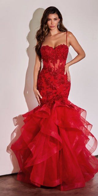 Ladivine CC8915 Long Rose Lace Applique Tiered Skirt Mermaid Dress