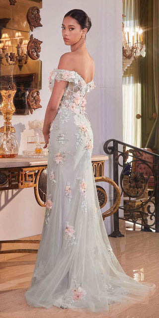 Ladivine CD005 Long Off the Shoulder Leg Slit Floral Applique Gown