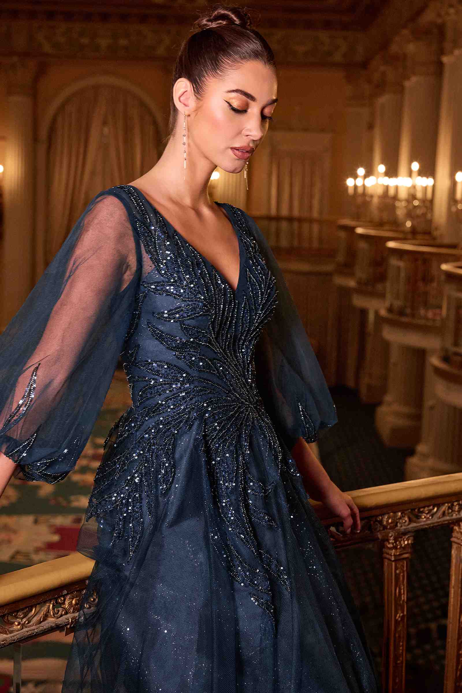 Ladivine CD0101 V-Neckline Long Sleeves Layered Tulle Skirt A-Line Gown