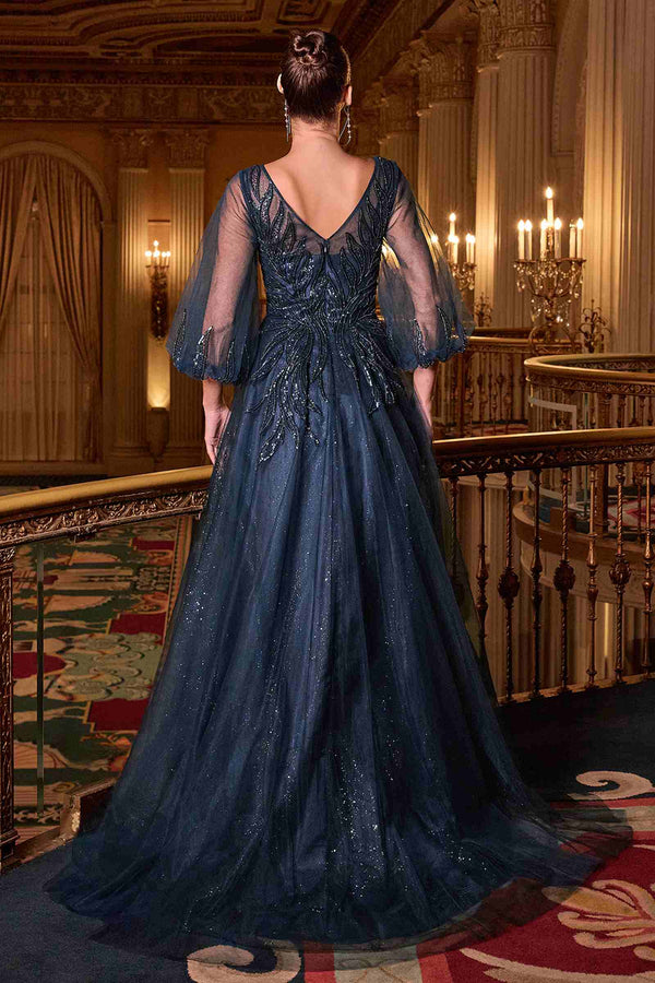 Ladivine CD0101 V-Neckline Long Sleeves Layered Tulle Skirt A-Line Gown - Glamourous Grace