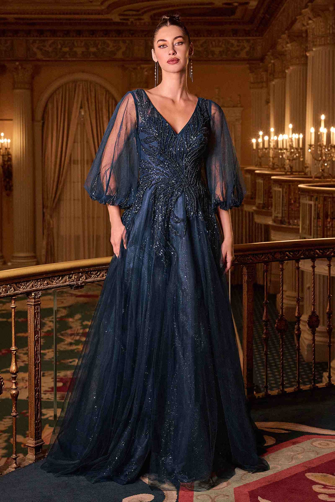 Ladivine CD0101 V-Neckline Long Sleeves Layered Tulle Skirt A-Line Gown - Glamourous Grace