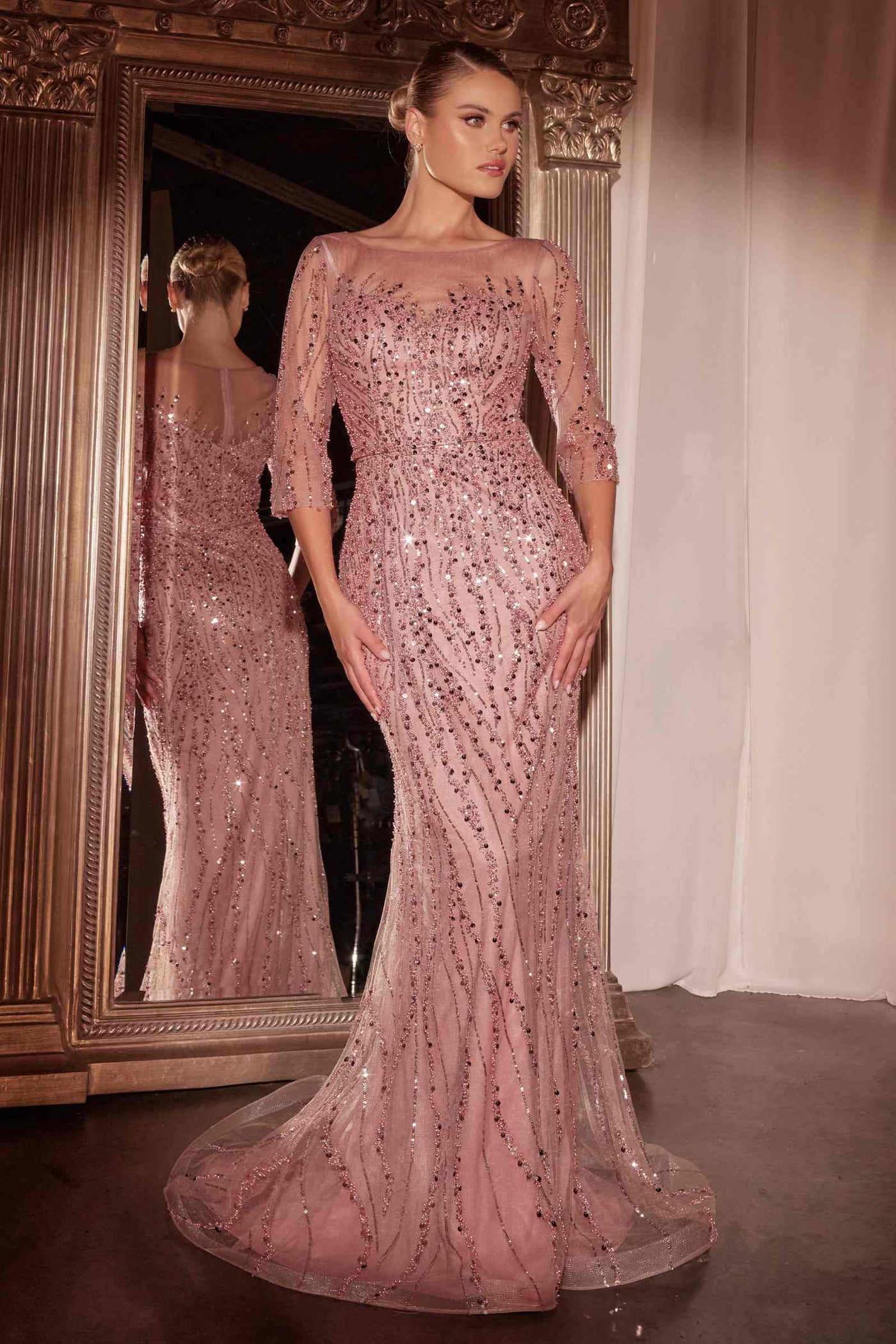 Ladivine CD0105 Long Sleeve Sequin Mermaid Gown - Glamourous Grace