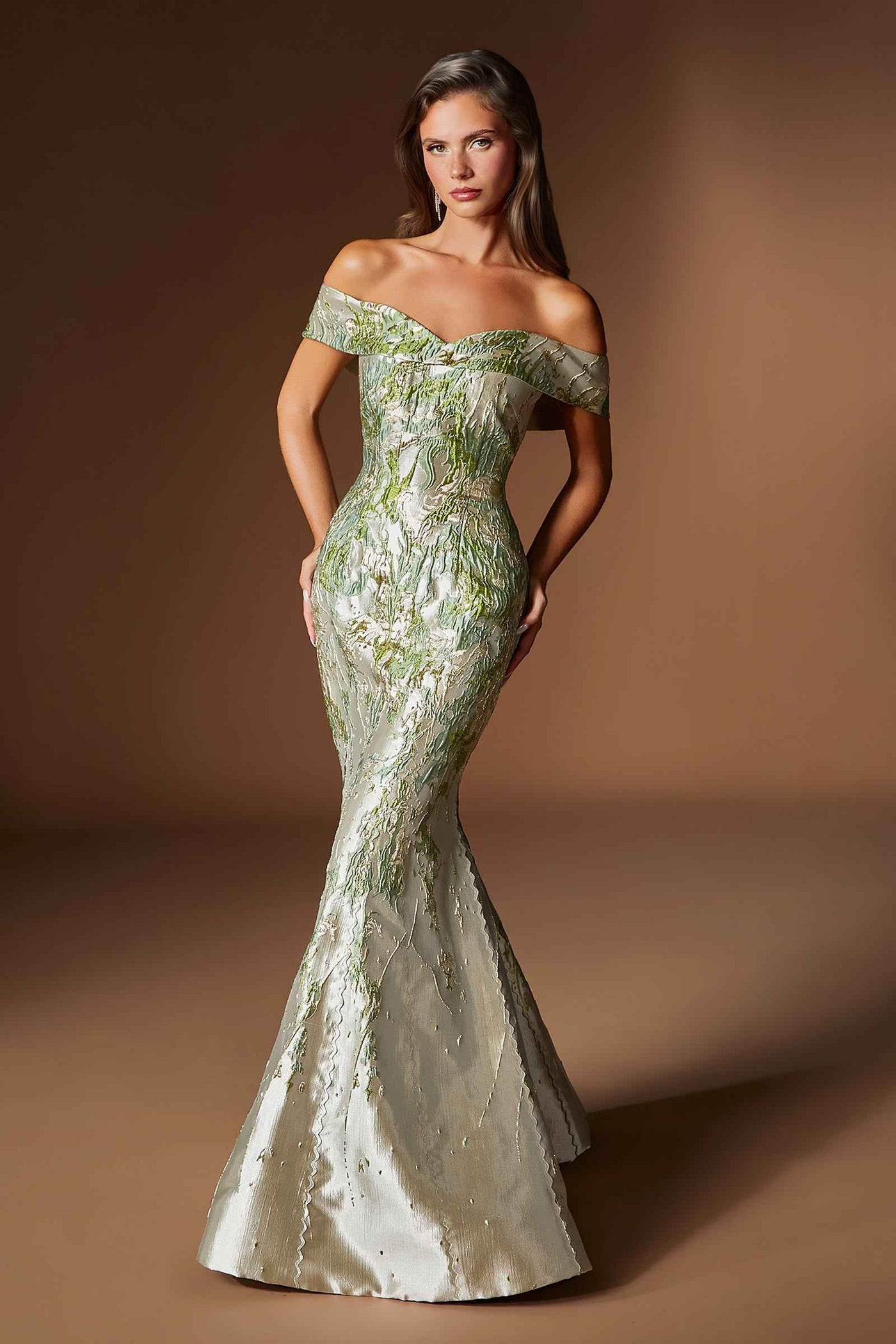 Ladivine CD0107 Metallic Jacquard Off Shoulder Fitted Mermaid Gown - Glamourous Grace