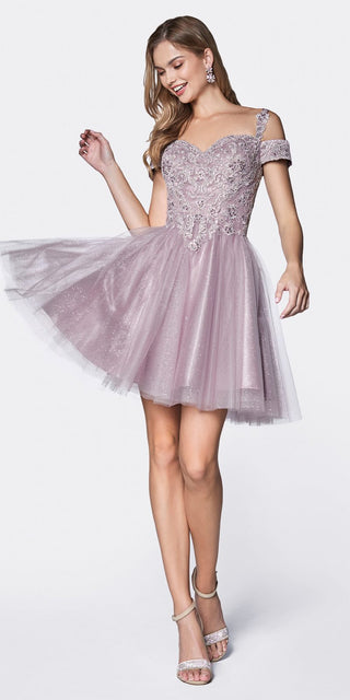 Cinderella Divine CD0132 Short A-Line Dress Off The Shoulder Glitter Tulle Skirt