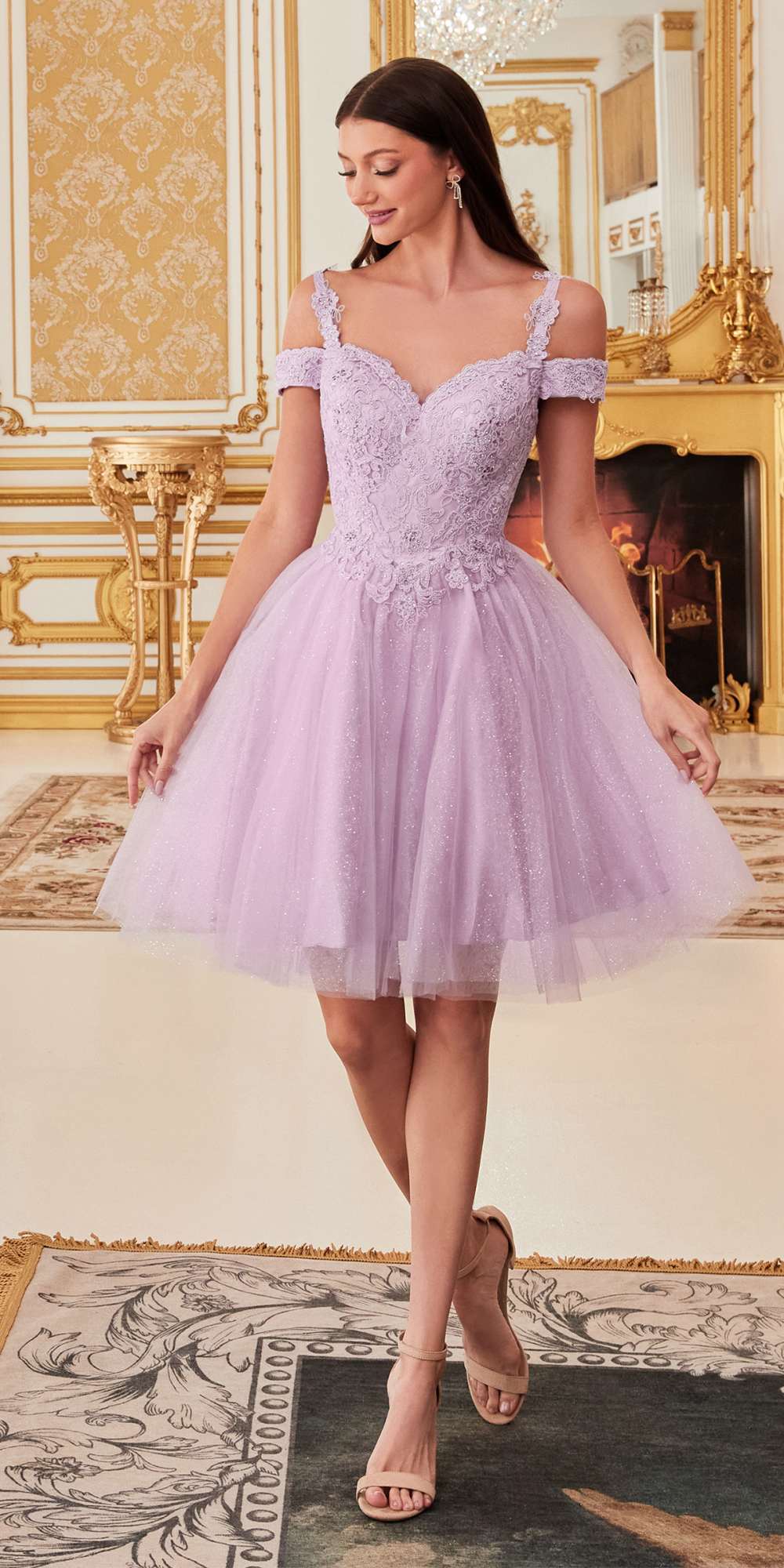 Cinderella Divine CD0132 Short A-Line Dress Off The Shoulder Glitter Tulle Skirt - Glamourous Grace