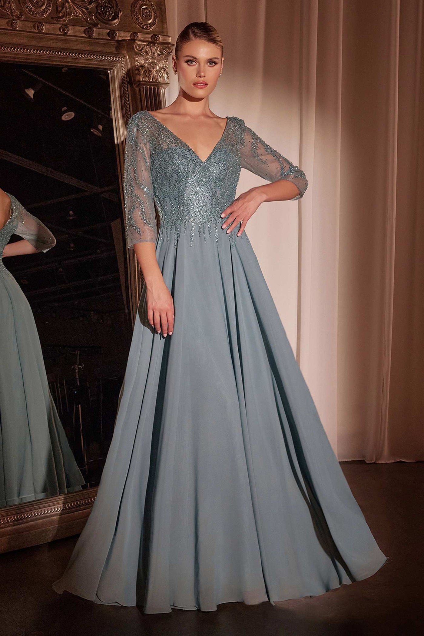 Cinderella Divine CD0171 Flowy Chiffon A-Line Gown 3/4 Length Sleeves - Glamourous Grace