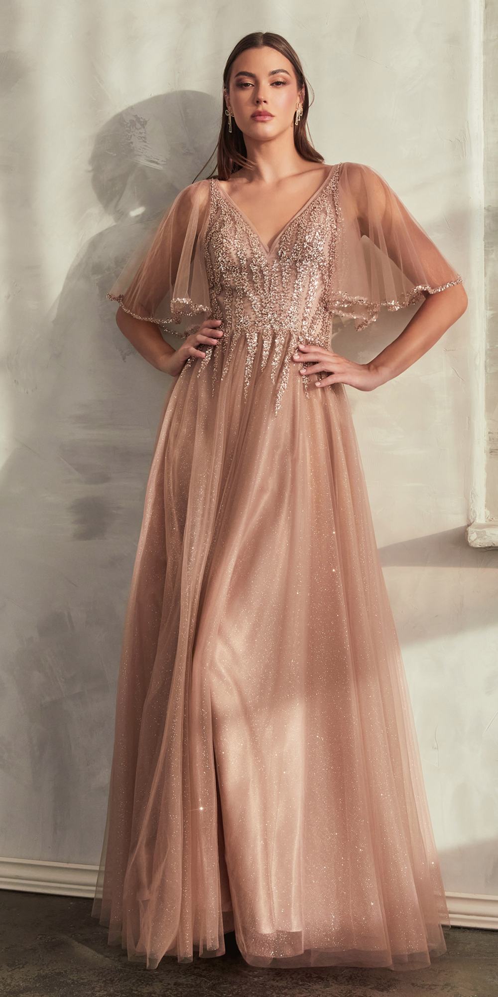 Cinderella Divine CD0175 Floor Length Layered Tulle A-Line Gown Butterfly Sleeve - Glamourous Grace