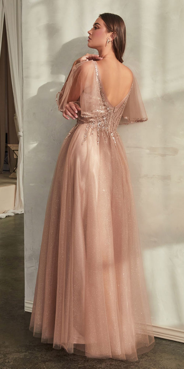 Cinderella Divine CD0175 Floor Length Layered Tulle A-Line Gown Butterfly Sleeve - Glamourous Grace