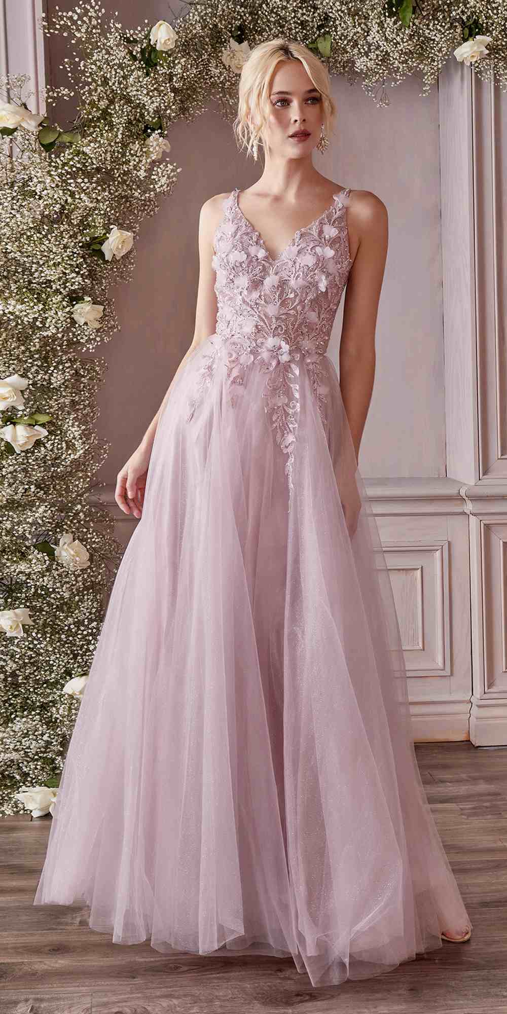 Cinderella Divine CD0181 Long Lace Floral A-Line Tulle/Lace Dress - Glamourous Grace