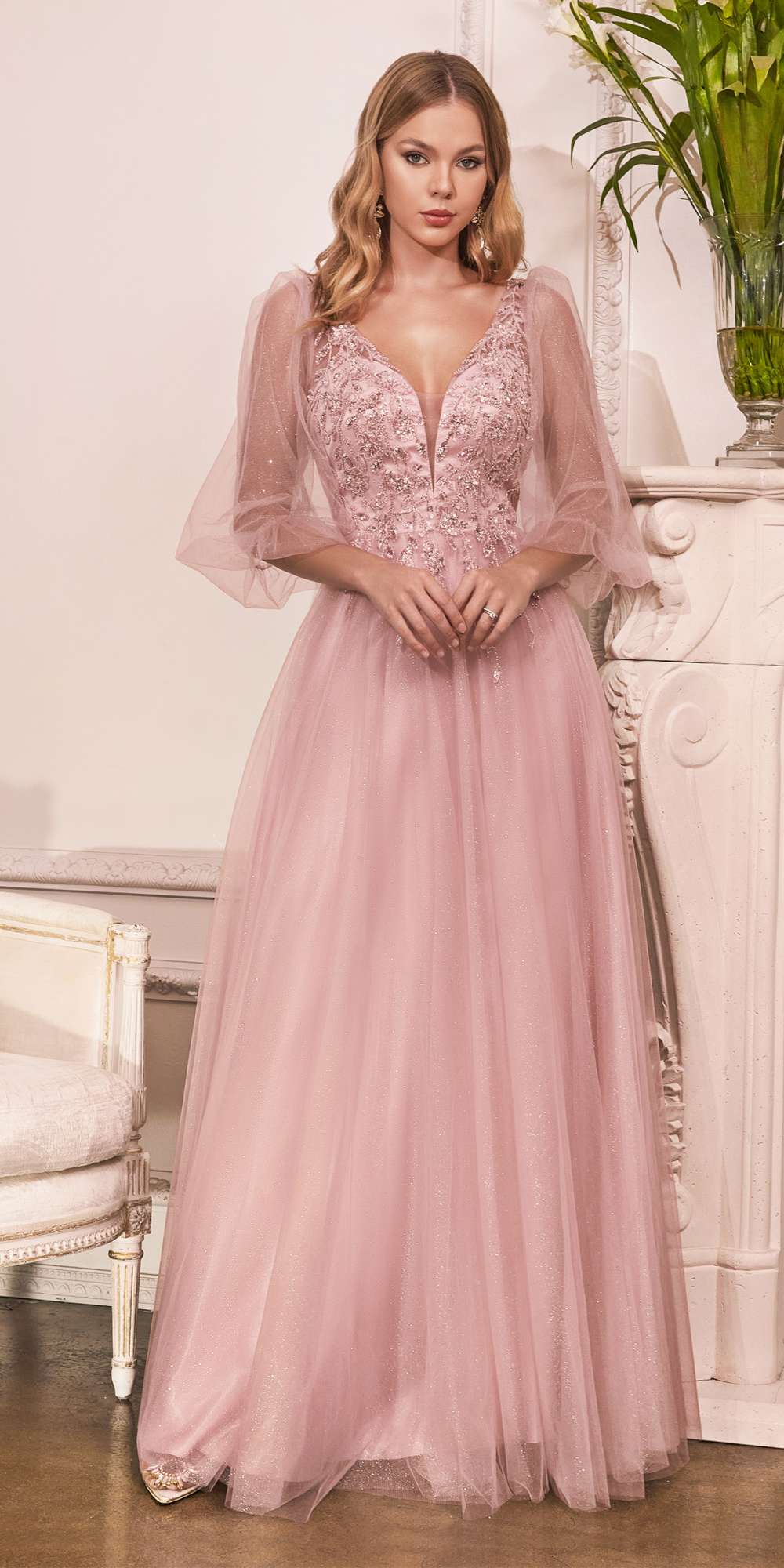 Cinderella Divine CD0182 Glitter Tulle A-Line Formal Dress - Glamourous Grace