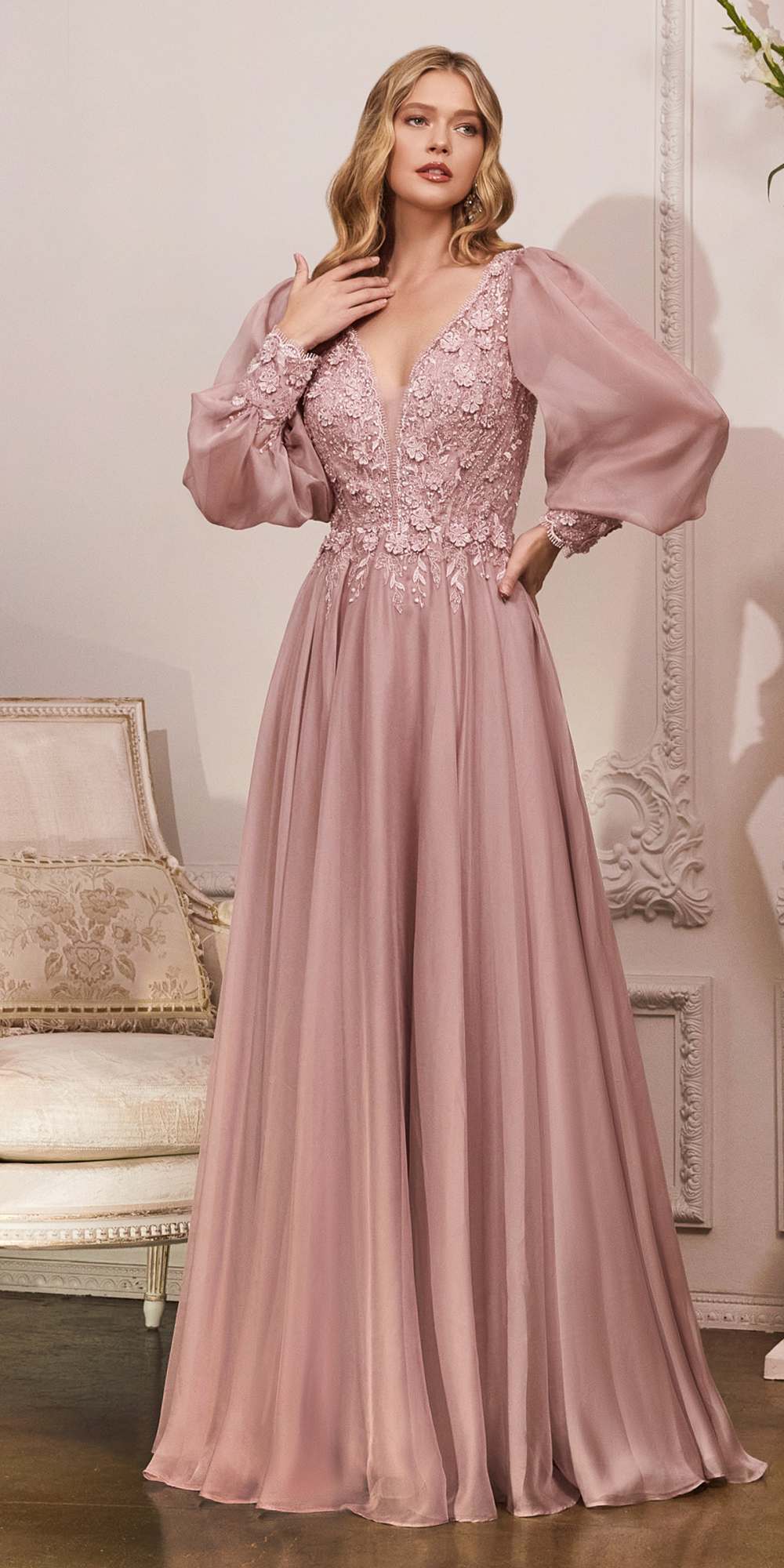 Cinderella Divine CD0183 Puff Long Sleeve Chiffon Formal Gown - Glamourous Grace