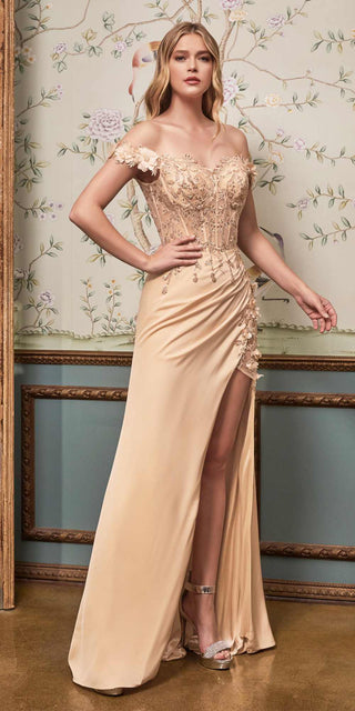 Cinderella Divine CD0186 Long Floral Off the Shoulder Gown with Slit