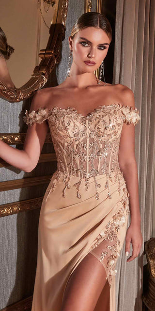 Cinderella Divine CD0186 Long Floral Off the Shoulder Gown with Slit