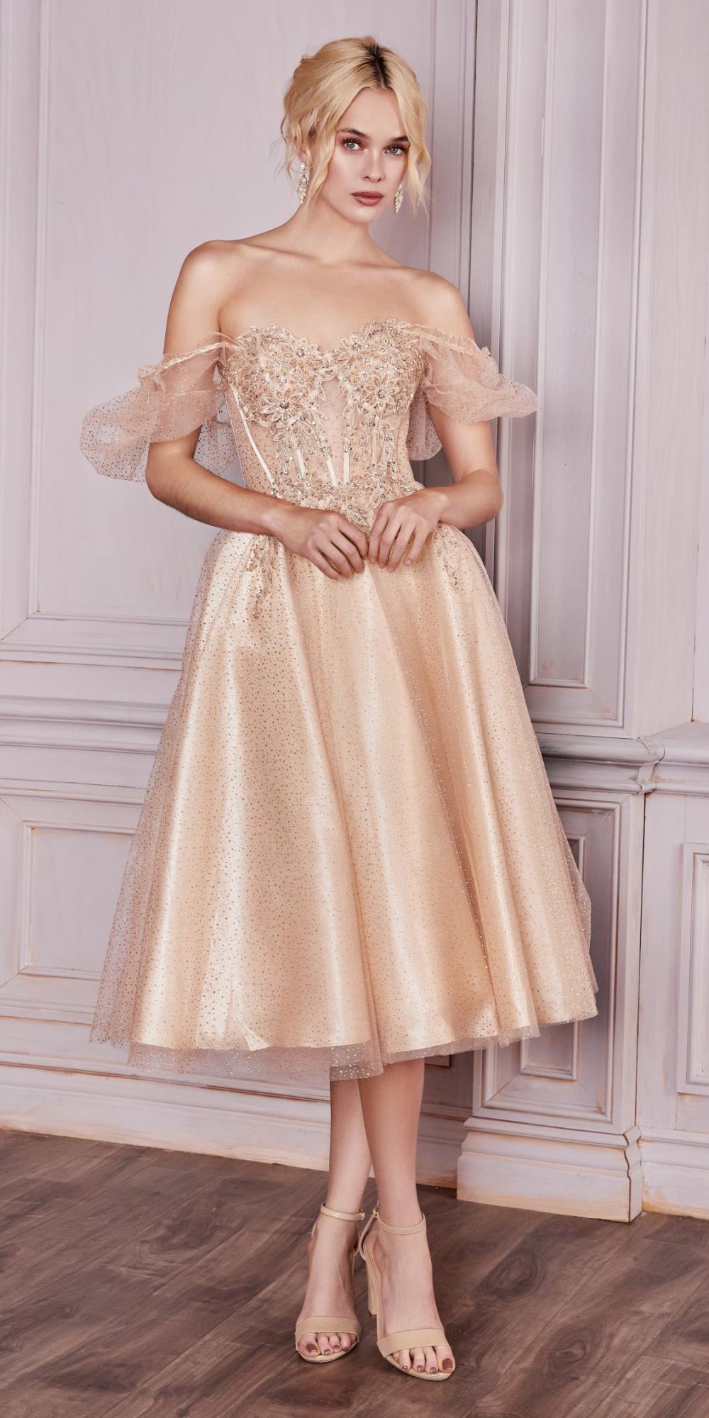 Cinderella Divine CD0187 Tea Length Layered Tulle Dress with Short Puff Sleeves - Glamourous Grace