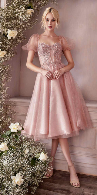 Cinderella Divine CD0187 Tea Length Layered Tulle Dress with Short Puff Sleeves