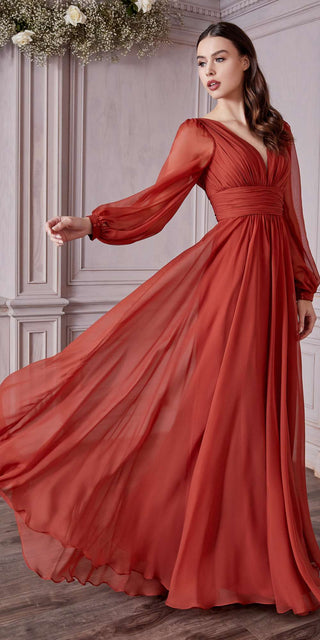 Cinderella Divine CD0192 Long Sleeve A-Line Chiffon Dress