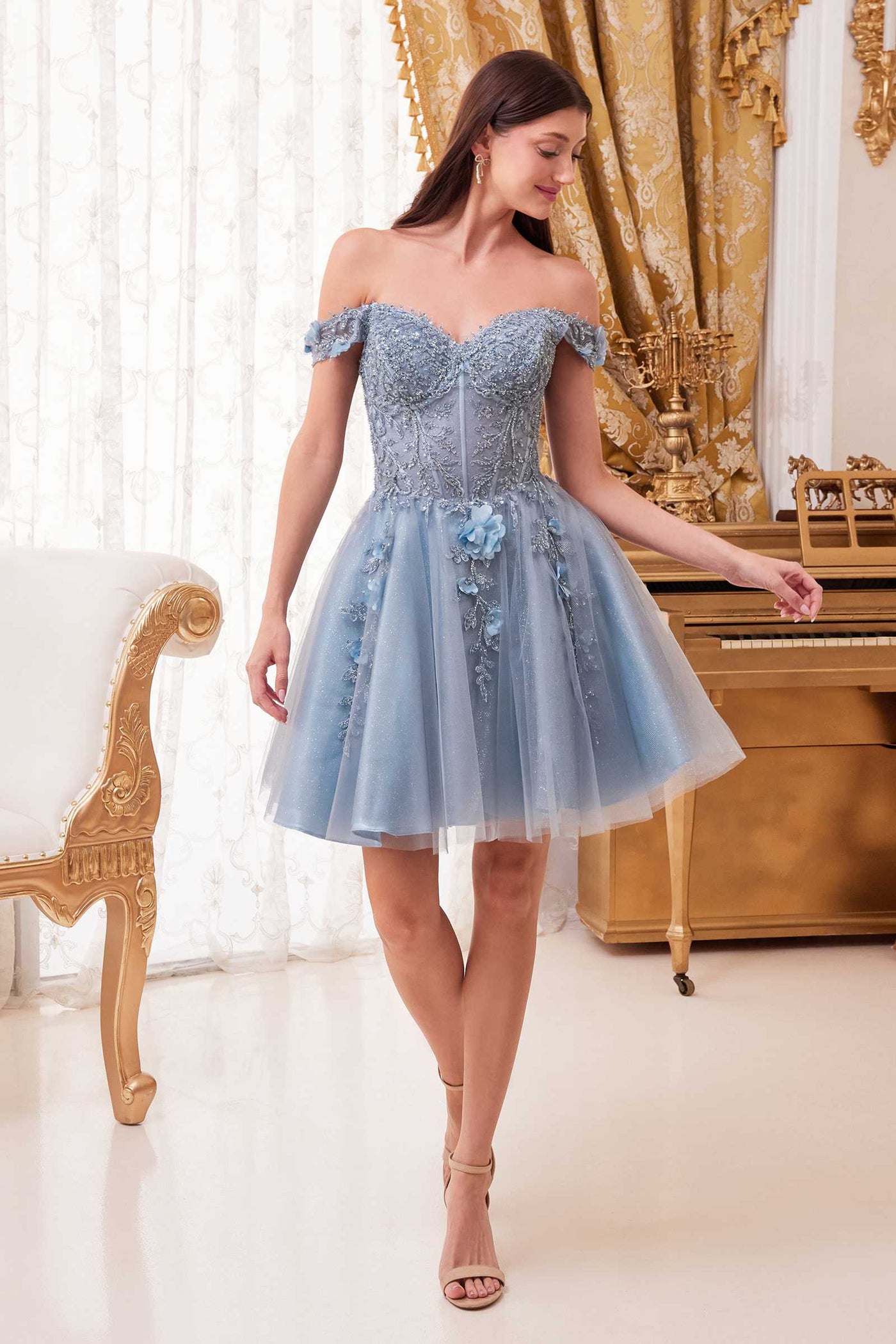 Cinderella Divine CD0194 Short Tulle A-Line Off the Shoulder Dress - Glamourous Grace