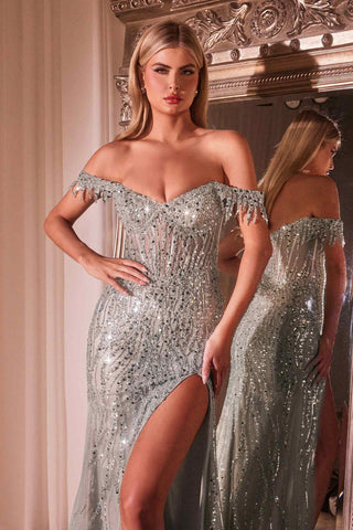 Ladivine CD0203 Long Fitted Off the Shoulder Sequin Gown with Slit - Glamourous Grace