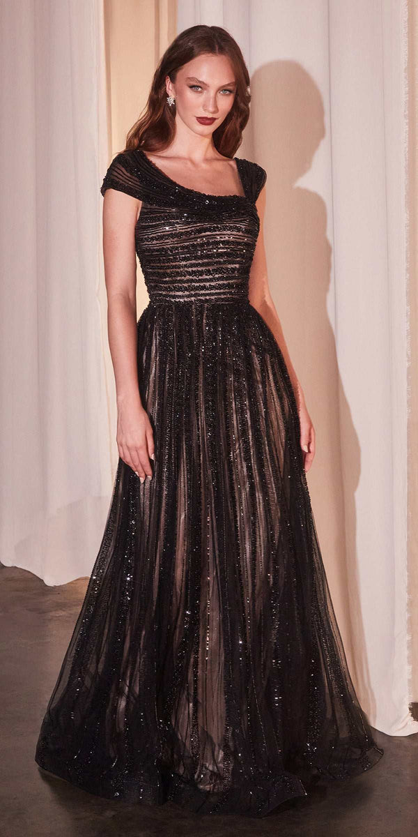 CLEARANCE - Ladivine CD0238 Off The Shoulder A-Line Beaded Black/Nude Gown (Size 10) - Glamourous Grace