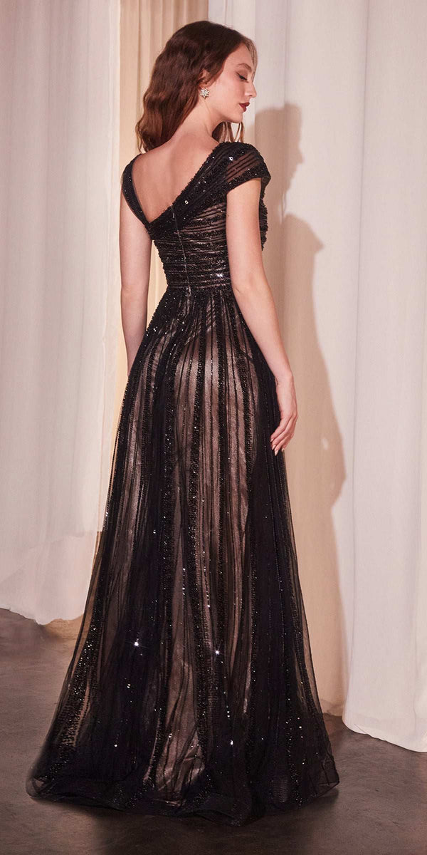 CLEARANCE - Ladivine CD0238 Off The Shoulder A-Line Beaded Black/Nude Gown (Size 10) - Glamourous Grace