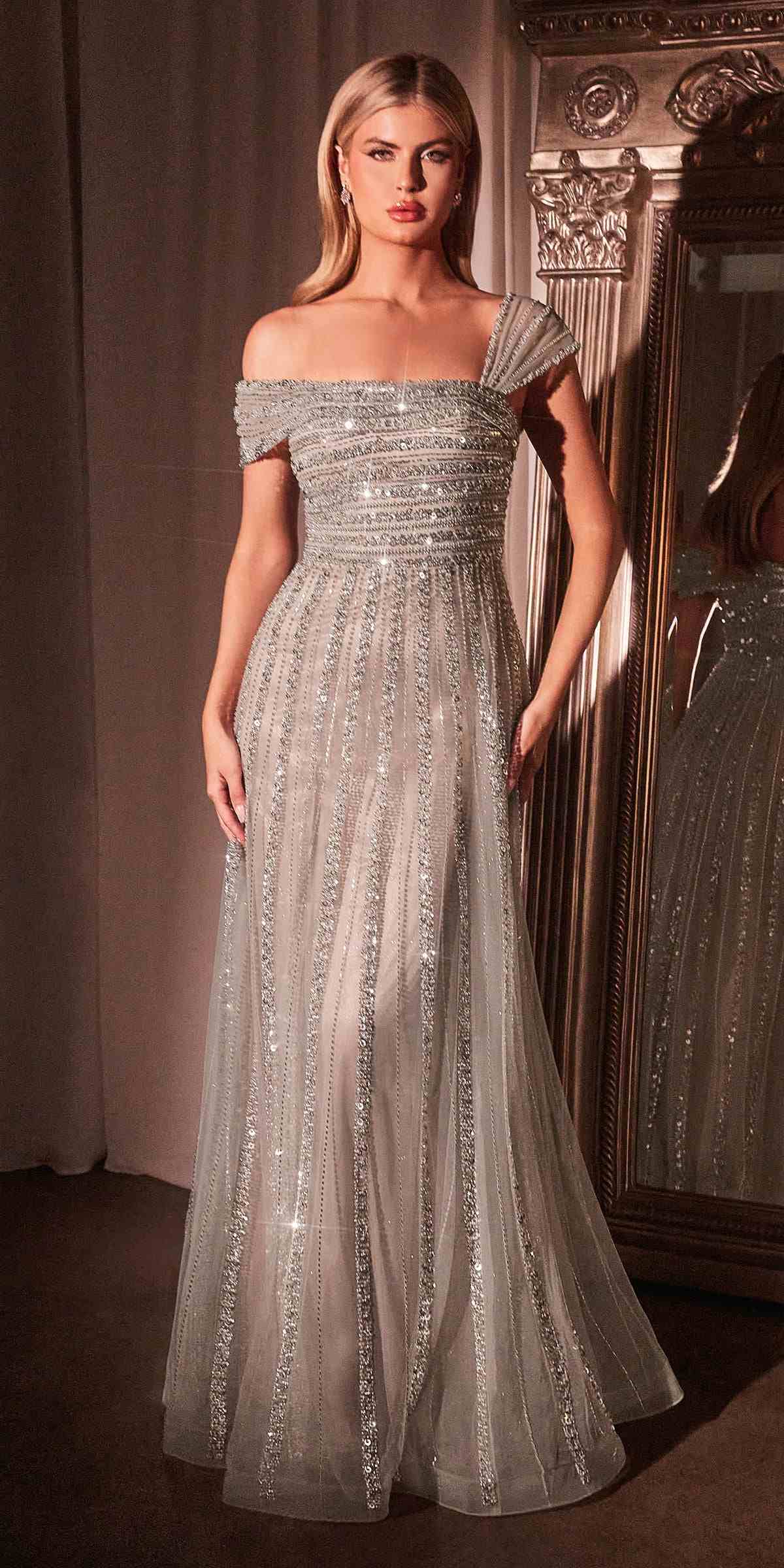 Ladivine CD0238 Asymmetrical Off The Shoulder A-Line Beaded Gown - Glamourous Grace