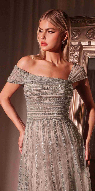 CLEARANCE - Ladivine CD0238 Off The Shoulder A-Line Beaded Black/Nude Gown (Size 10)