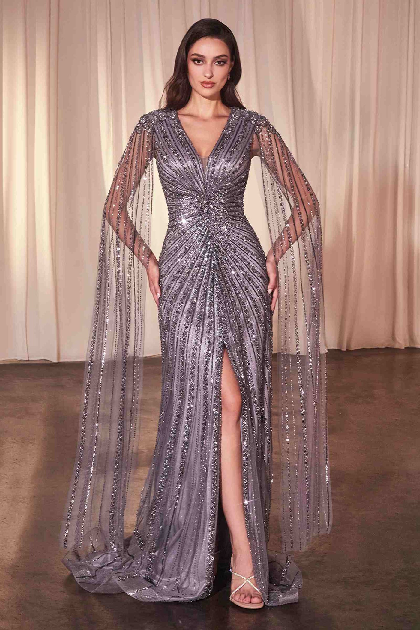 Ladivine CD0239 Long Sleeve Fully Beaded Sheath Gown - Glamourous Grace