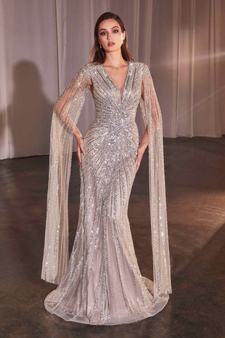 Ladivine CD0239 Long Sleeve Fully Beaded Sheath Gown