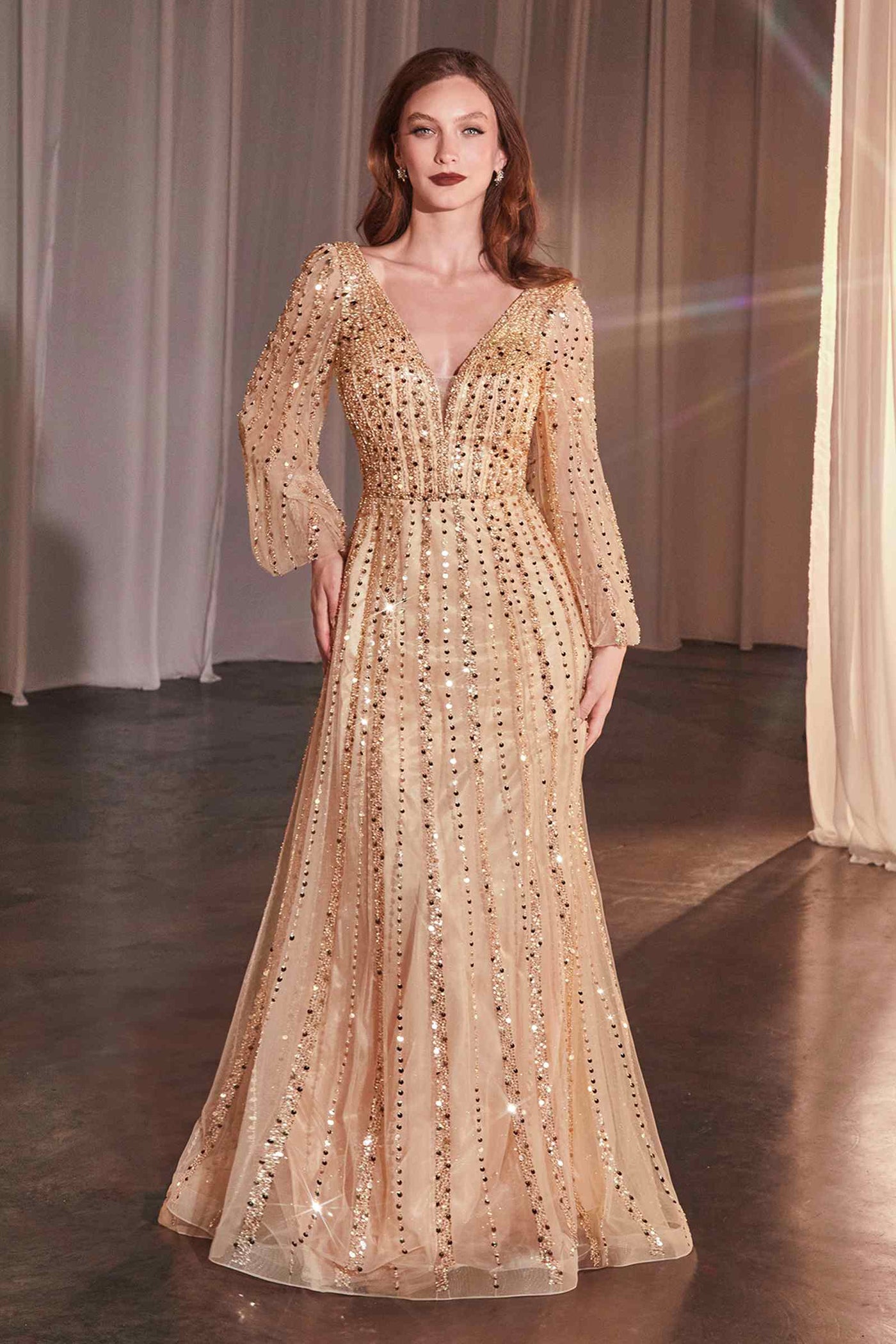 Ladivine CD0240 Dress Long Sleeve A-Line Beaded Gown - Glamourous Grace
