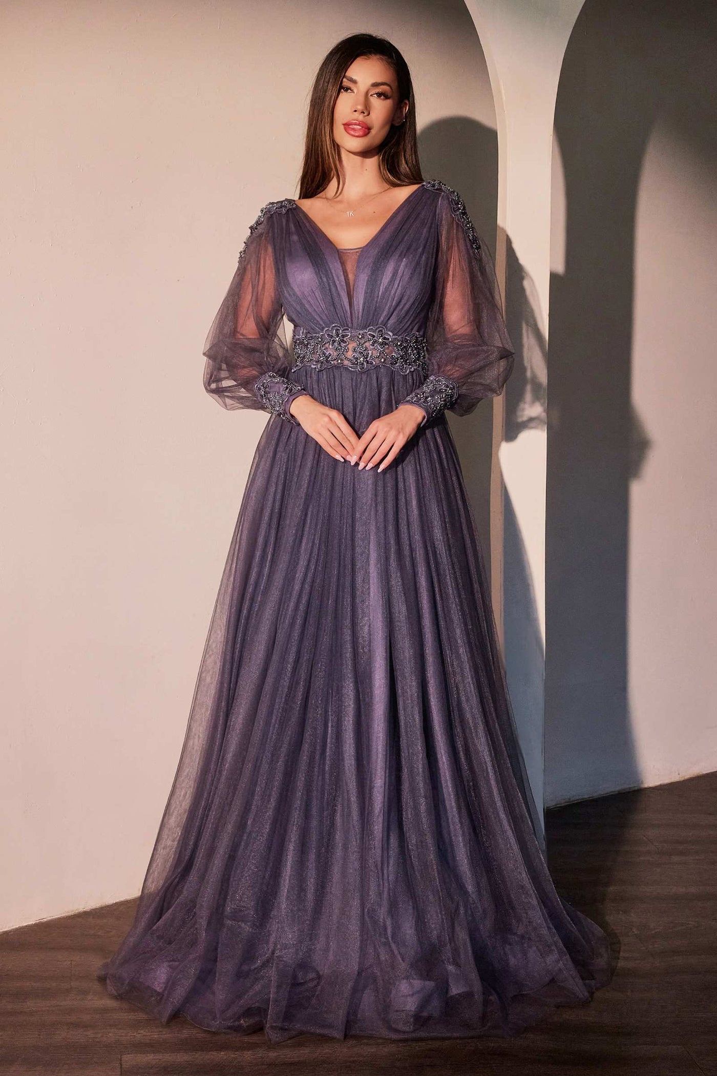 Ladivine CD0938 Long Sleeve Mother of Bride A-Line Dress - Glamourous Grace