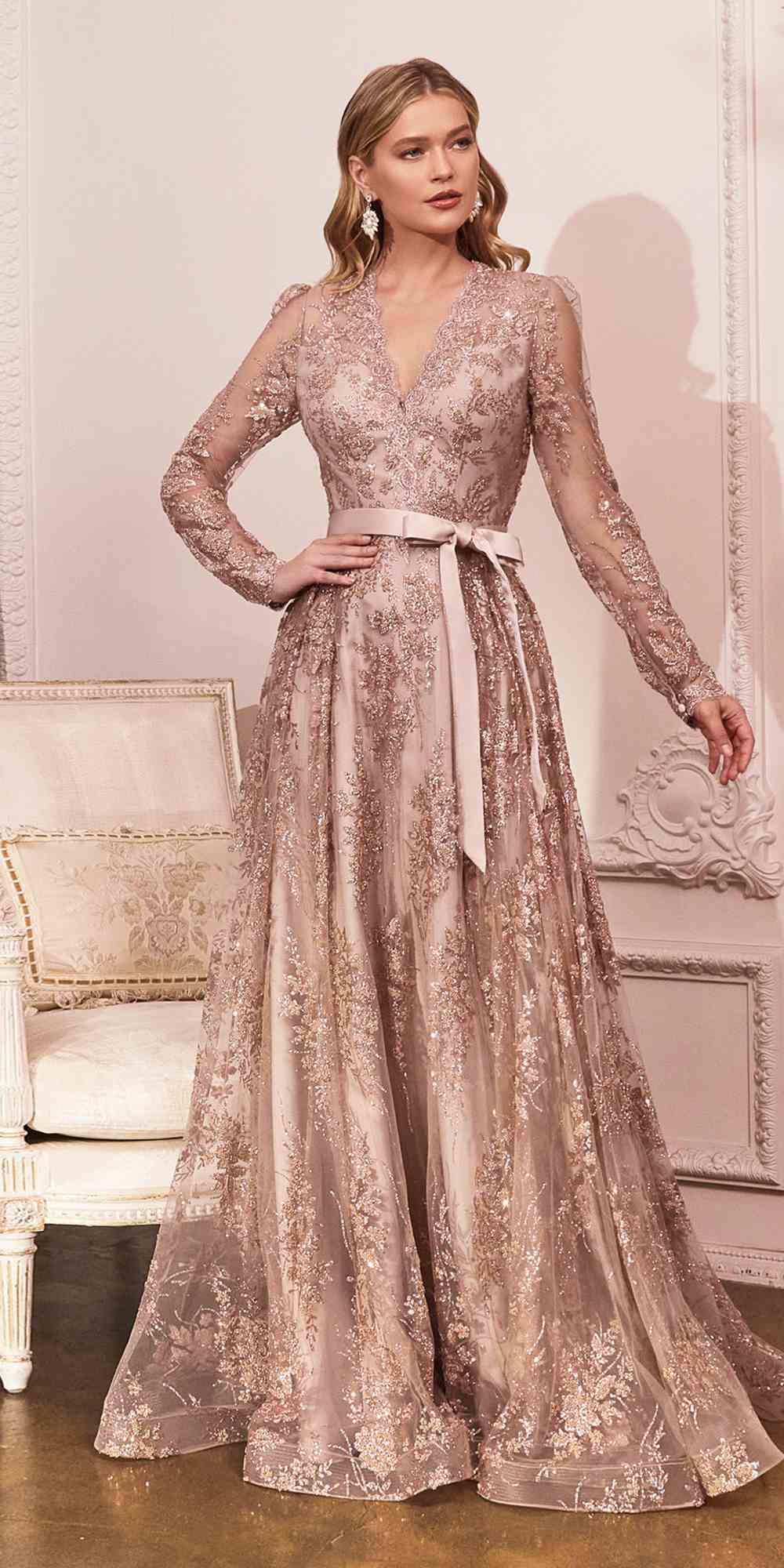 Cinderella Divine CD233 Long Sleeve Embellished Ball Gown - Glamourous Grace