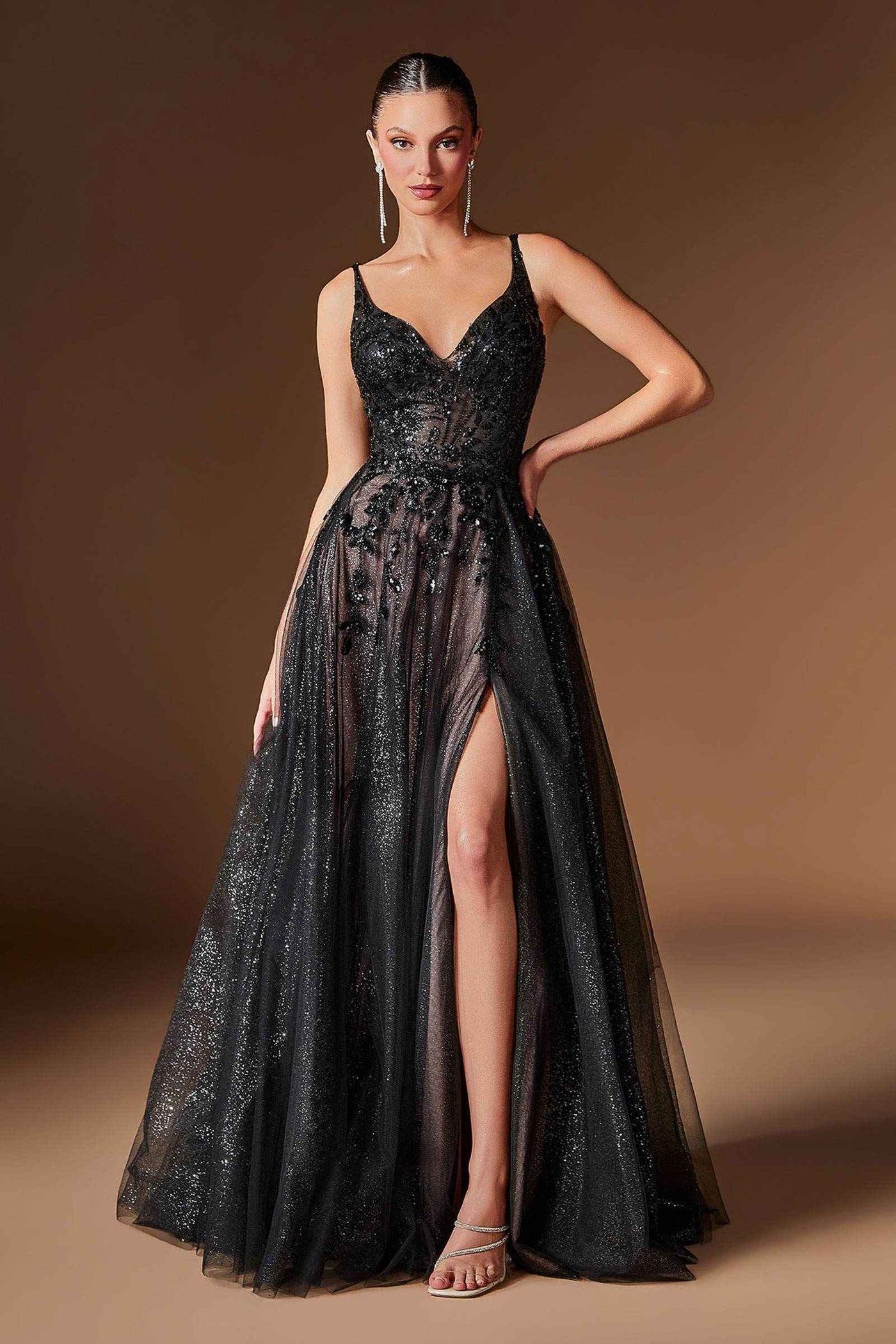 Ladivine CD2412 Magical A-Line Floral Applique Glitter Tulle Gown - Glamourous Grace
