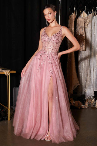 Ladivine CD2412 Magical A-Line Floral Applique Glitter Tulle Gown - Glamourous Grace