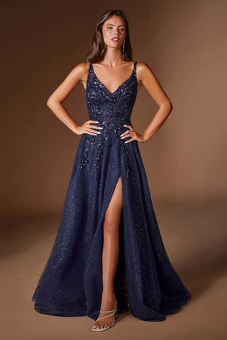 Ladivine CD2412 Magical A-Line Floral Applique Glitter Tulle Gown - Glamourous Grace