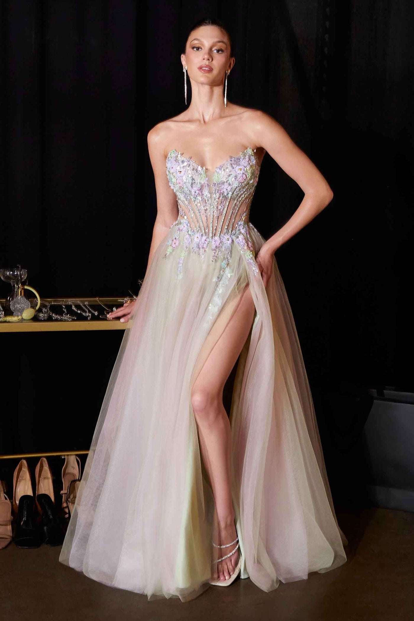 Ladivine CD2418 Ethereal and Enchanting A-Line Floral Applique Gown - Glamourous Grace