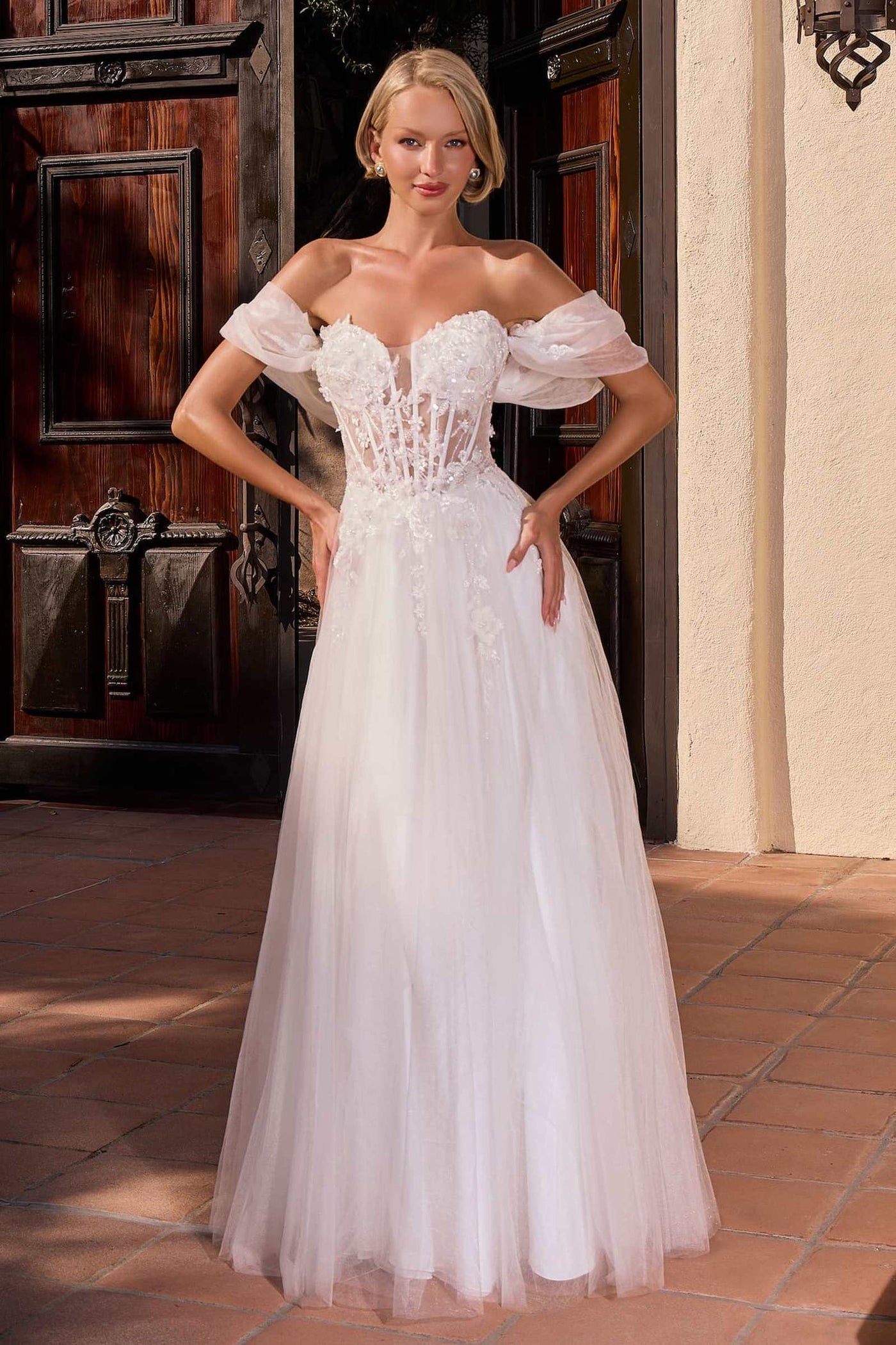 Ladivine CD2426W Off-Shoulder Corset Tulle Ball Gown with Floral Applique - Glamourous Grace