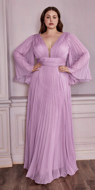 Cinderella Divine CD242C Pleated Chiffon Long Sleeve Gown