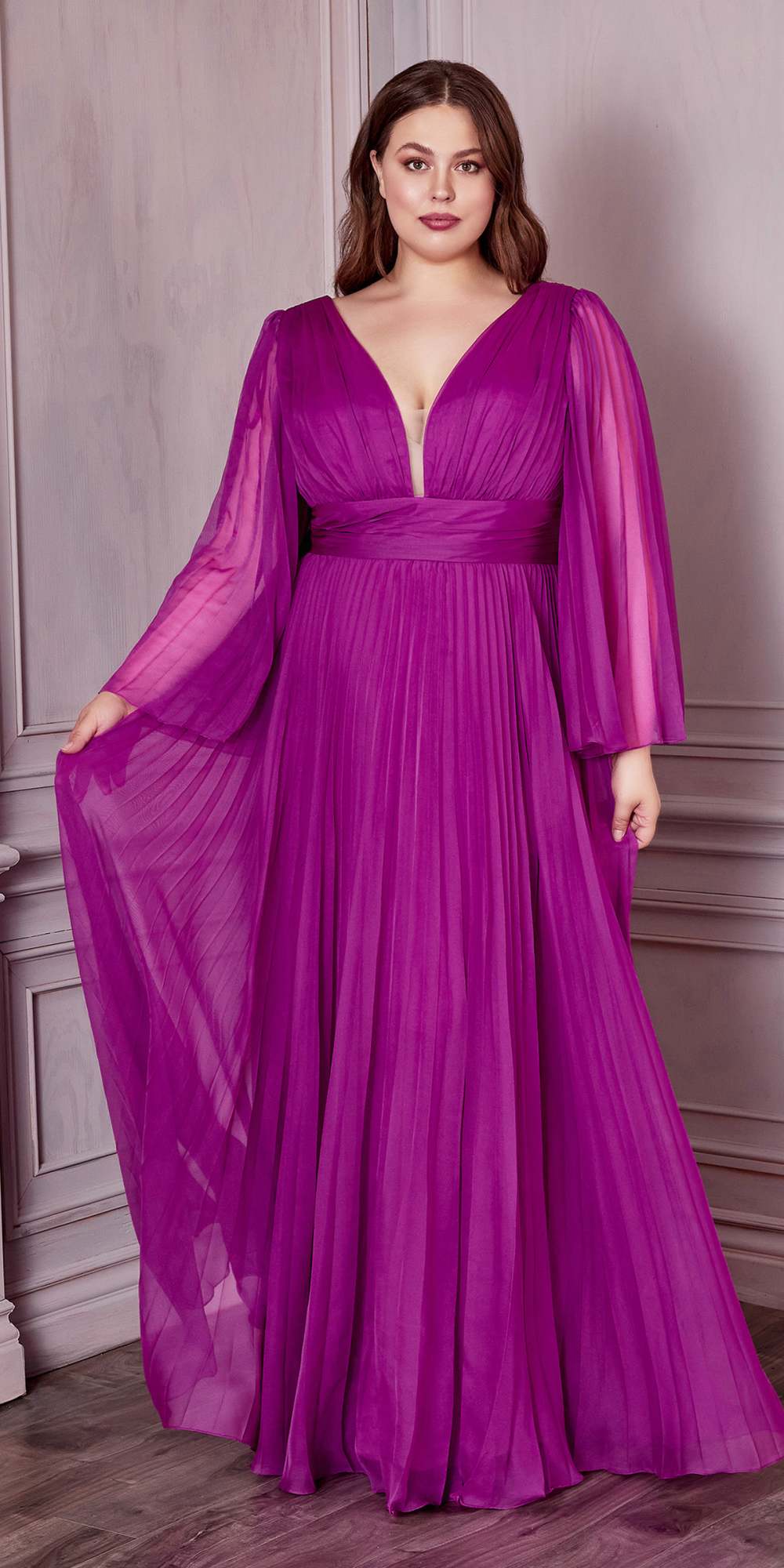 Cinderella Divine CD242C Pleated Chiffon Long Sleeve Gown - Glamourous Grace
