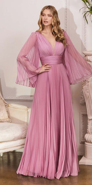 Cinderella Divine CD242 Pleated Chiffon Long Sleeve Gown