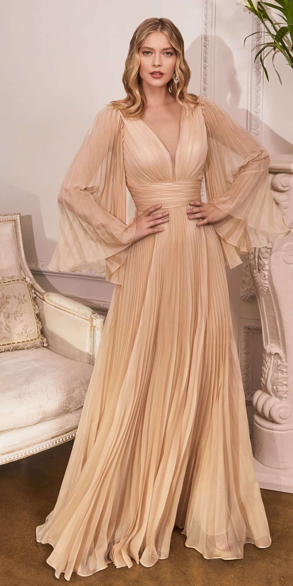Cinderella Divine CD242 Pleated Chiffon Long Sleeve Gown - Glamourous Grace