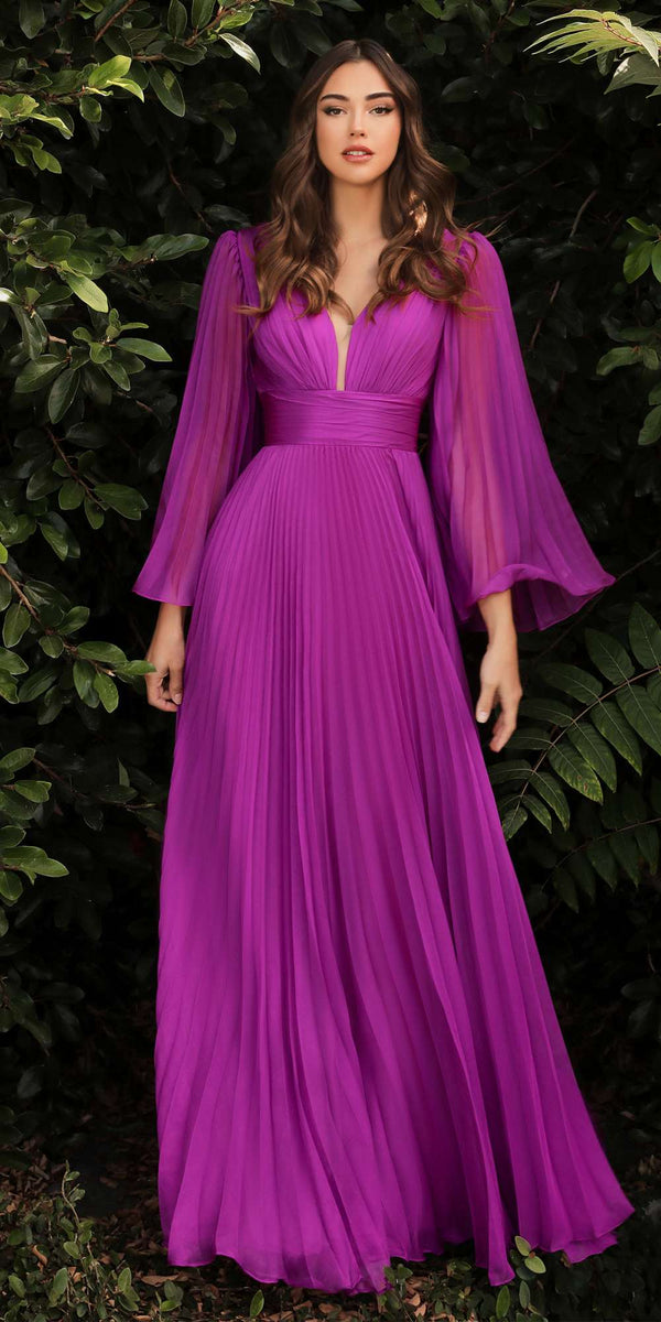 Cinderella Divine CD242C Pleated Chiffon Long Sleeve Gown - Glamourous Grace