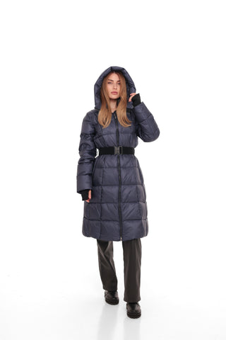 Cyrus Genuine Fur Trim Down Fill Coat in Navy