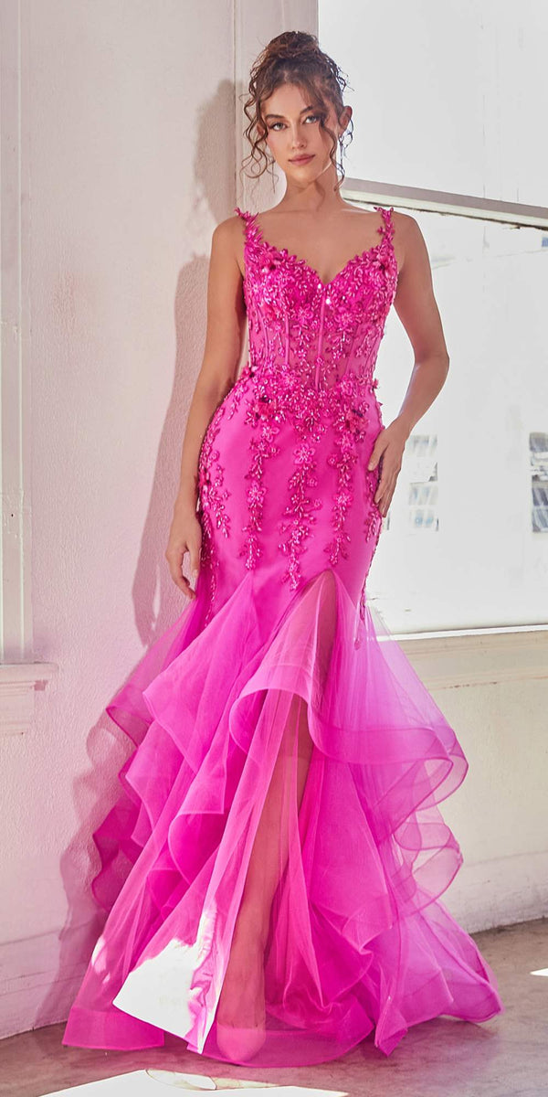 Ladivine CD331 Long Fuchsia Mermaid Embellished Ruffle Skirt Gown - Glamourous Grace