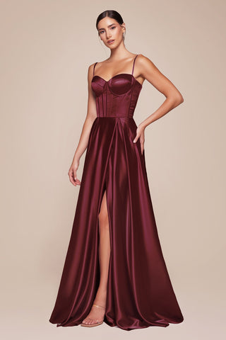 Ladivine CD337 Long A-Line Slit Satin Bustier Dress