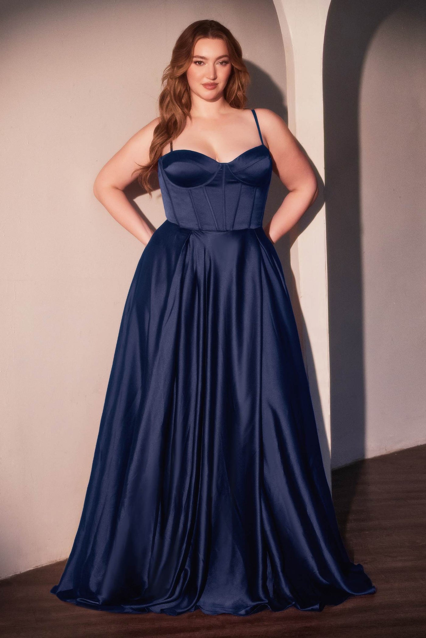 Ladivine CD337C Long A-Line Slit Satin Bustier Prom Dress - Glamourous Grace