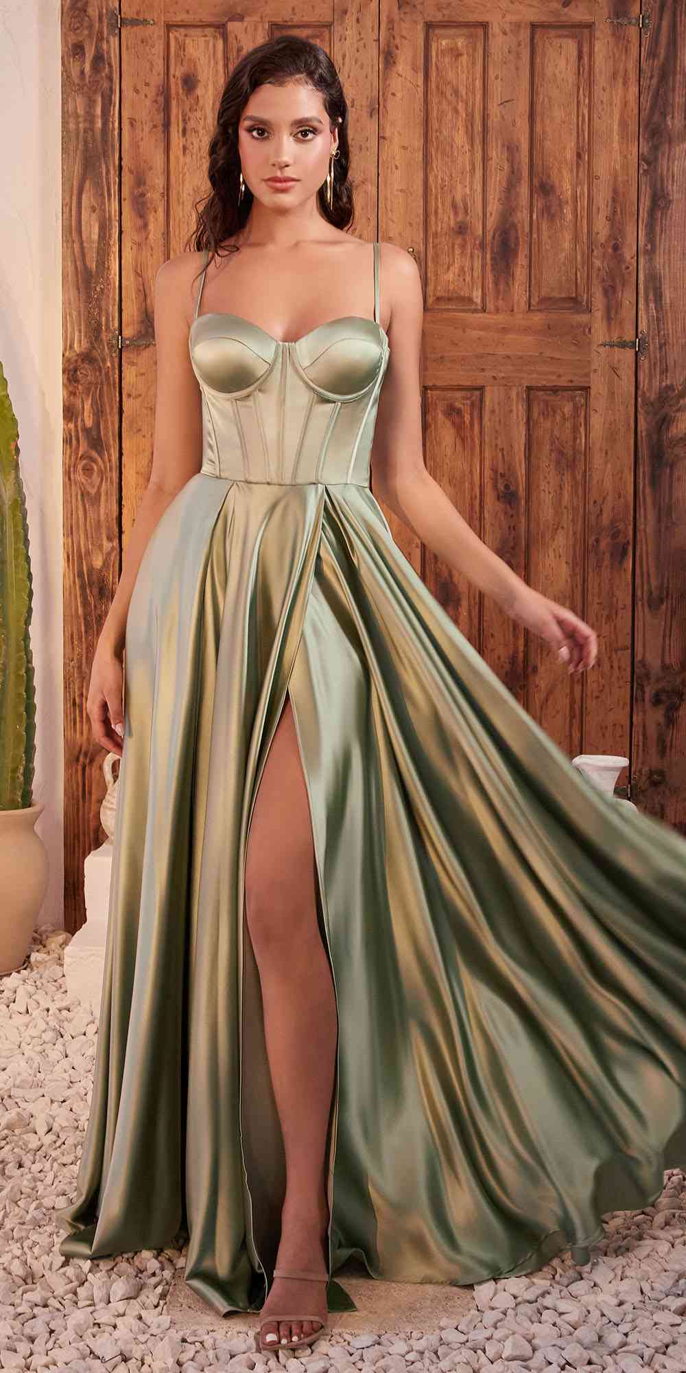 Ladivine CD337 Long A-Line Slit Satin Bustier Dress - Glamourous Grace