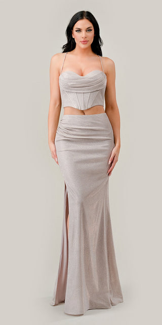 Ladivine 350 Long Two-Piece Glitter Corset Slit Dress