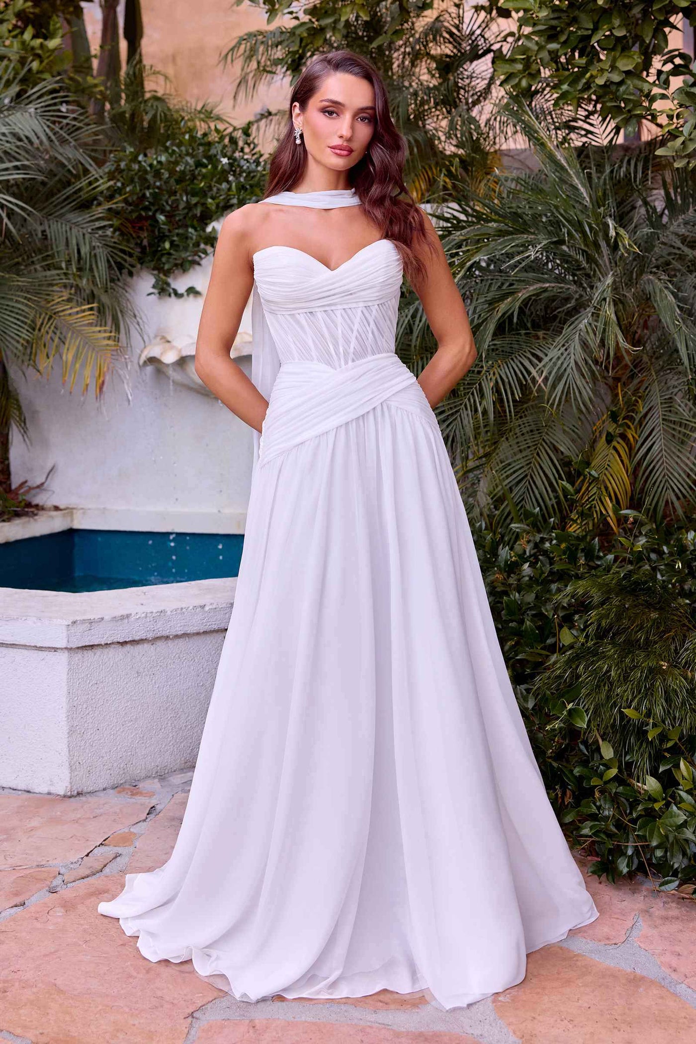 CLEARANCE - Ladivine CD395W Chiffon A-line Wedding Strapless Dress (Size 4) - Glamourous Grace